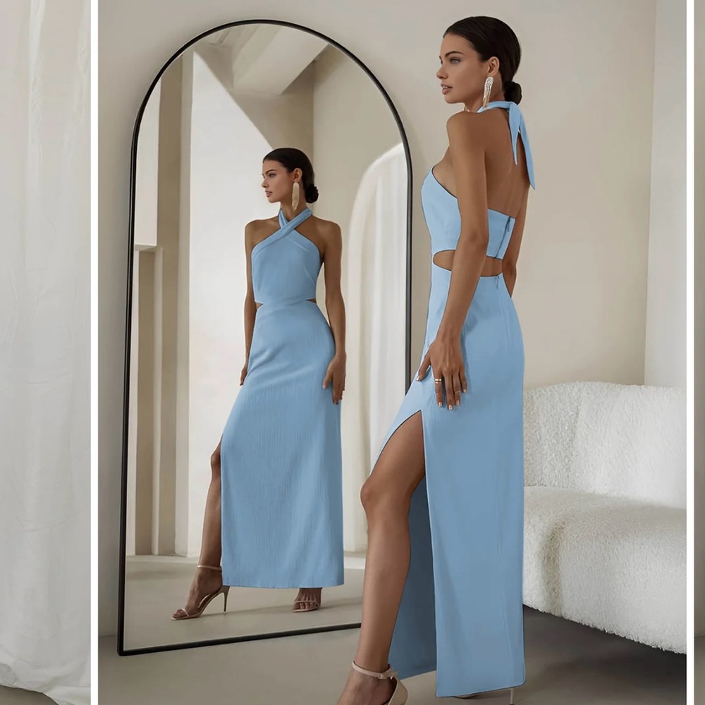 Commense Light Blue Backless Halter Evening Dress